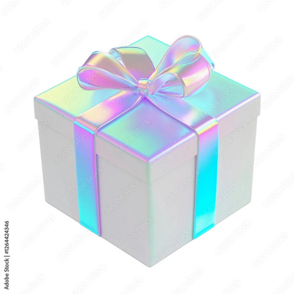 Obraz premium Iridescent Ribbon on White Gift Box, Stylish 3D Rendered Present Icon, Cutout Isolated on White Background.