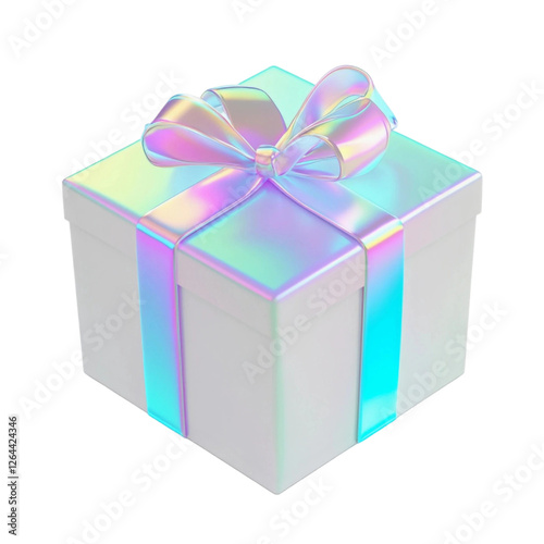 Iridescent Ribbon on White Gift Box, Stylish 3D Rendered Present Icon, Cutout Isolated on White Background.