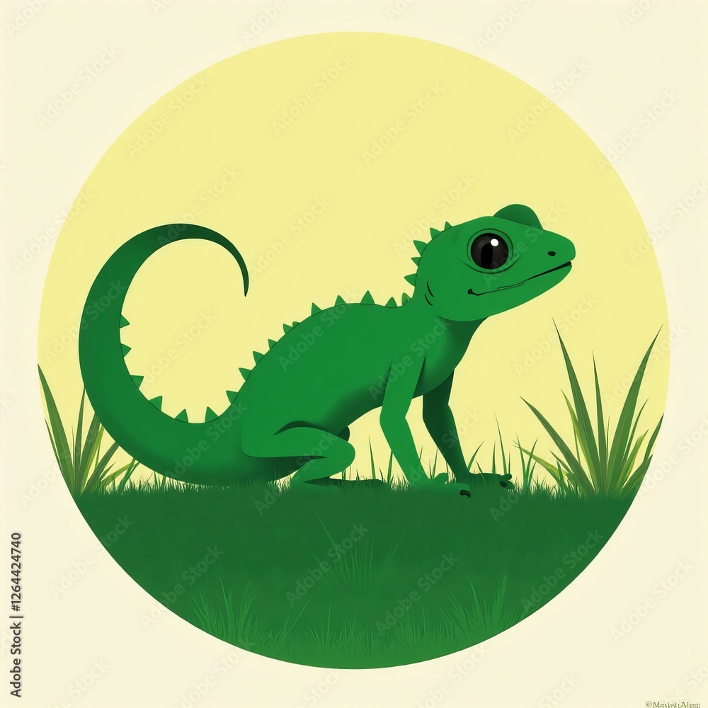 Obraz premium Green Lizard in Grass, Yellow Background