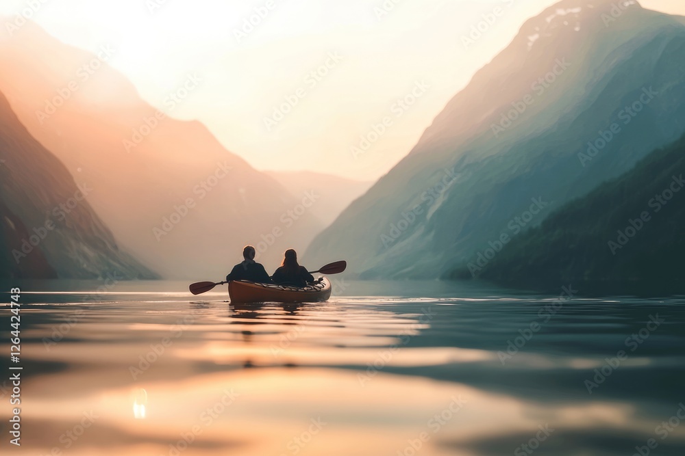 Silhouetted couple kayaks across serene fjord at sunset, mountains reflecting in calm water. Silhouetted couple kayaks across serene fjord at sunset, mountains reflecting in calm water.