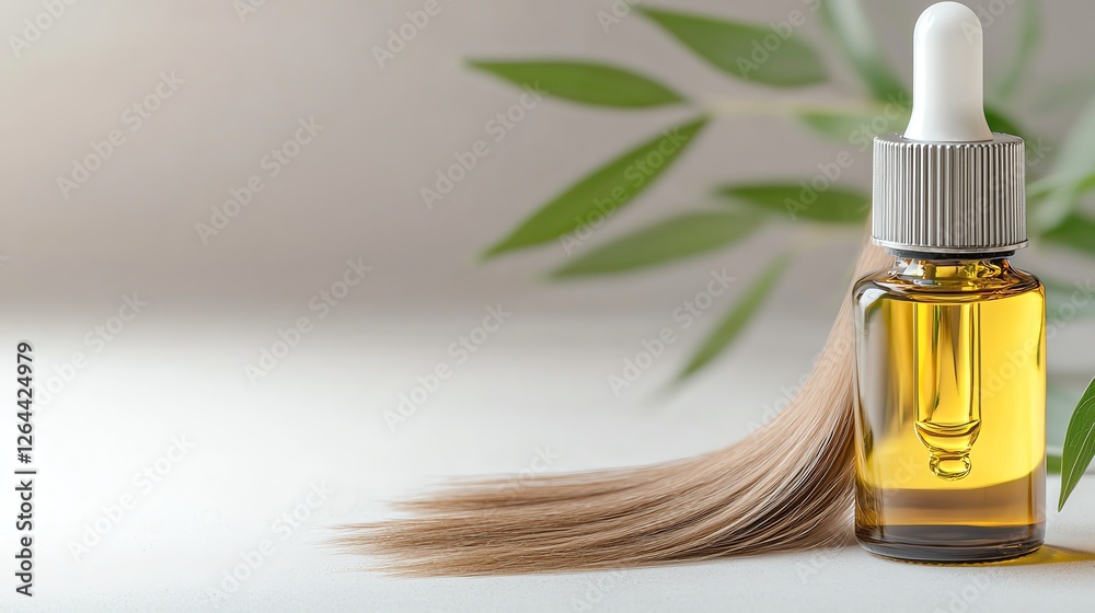 Fototapeta premium A bottle of nourishing oil with a lock of hair and green leaves, symbolizing hair care and health.
