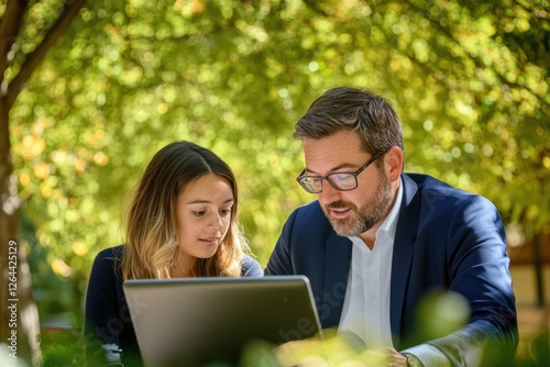 Fototapeta Naklejka Na Ścianę i Meble -  A man and woman collaborate on a laptop outdoors, in a sunny, green park setting.