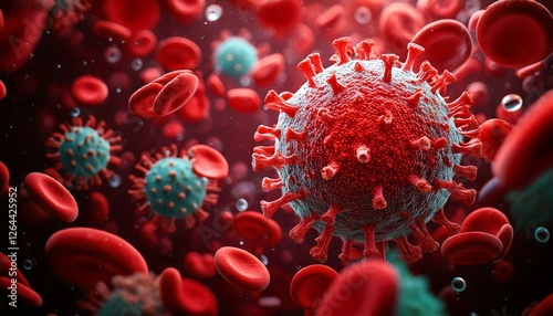 Virus and blood cells interacting in human body microscopic view scientific visualization