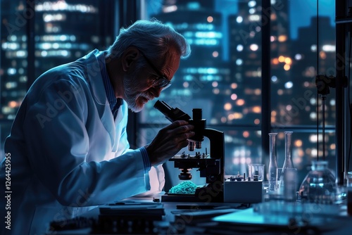 A senior scientist meticulously examines a sample under a microscope in a modern laboratory at night. photo