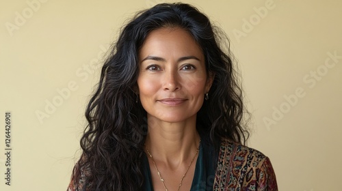 A middle aged woman with long wavy dark hair