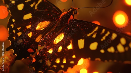 Glowing butterfly, bokeh lights, night, macro, fantasy