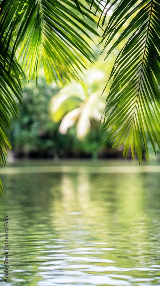 Obraz premium Tropical river view through palm leaves