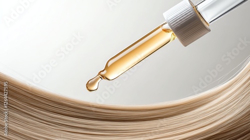 Close-up of a dropper with hair oil, highlighting hair care and beauty treatment. Ideal for wellness themes. photo