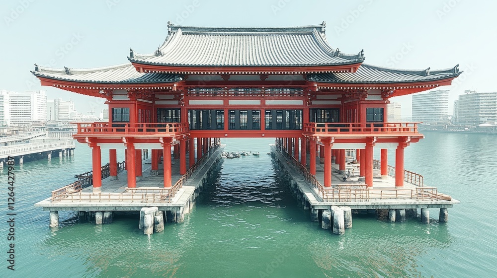 Majestic Crimson Pagoda Over Water Tranquil Asian Architecture Scene Majestic Crimson Pagoda Over Water Tranquil Asian Architecture Scene