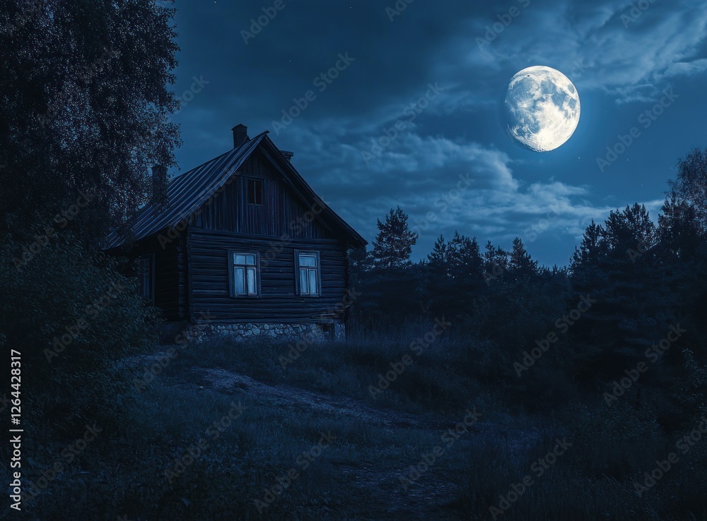 Naklejka premium Rustic wooden house at night under a full moon, forest background