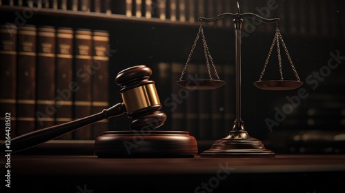 Symbol of Justice: Gavel and Scales in Law Library Setting
