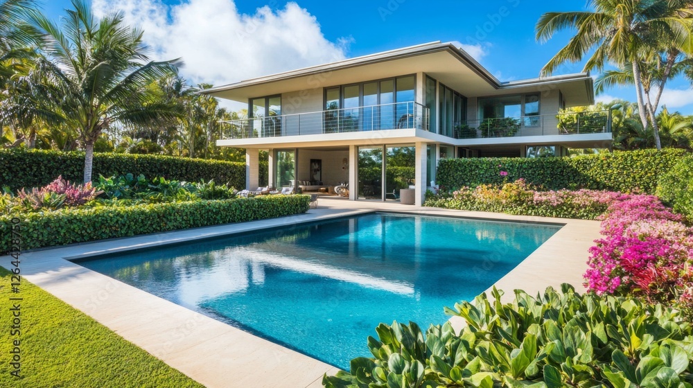 Fototapeta premium A minimalist two-story home with an expansive pool and a garden filled with tropical plants, flowers, and low hedges