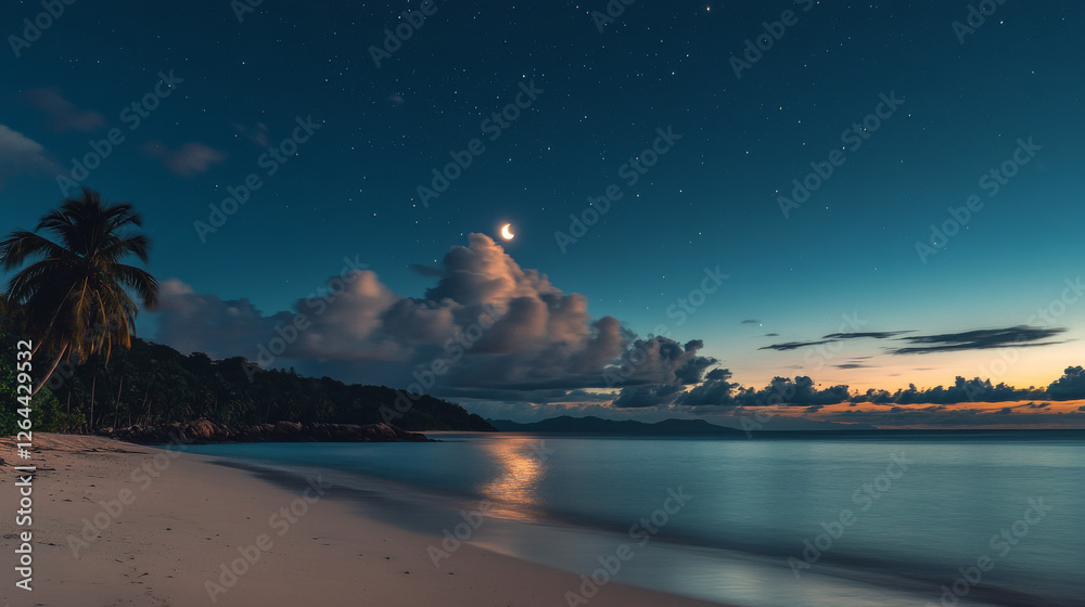 Fototapeta premium Sea landscape with moon, stars and clouds in dark sky at night. Vector cartoon backgrounds of seascape with tropical island with palm trees, sand beach, ocean waves and coastline on horizon