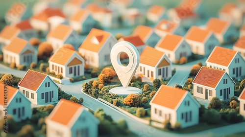 Miniature homes with location marker in focus.