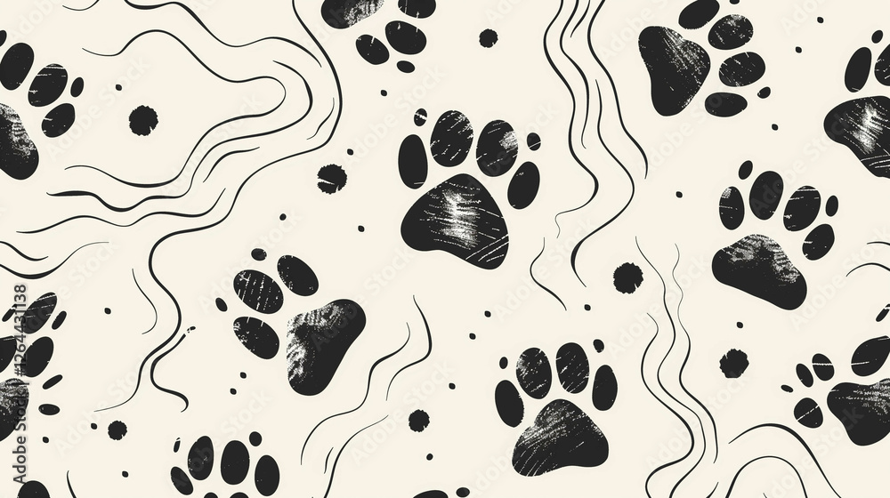 Fototapeta premium Monochrome Paw Print Pattern with Artistic Hand-Drawn Details