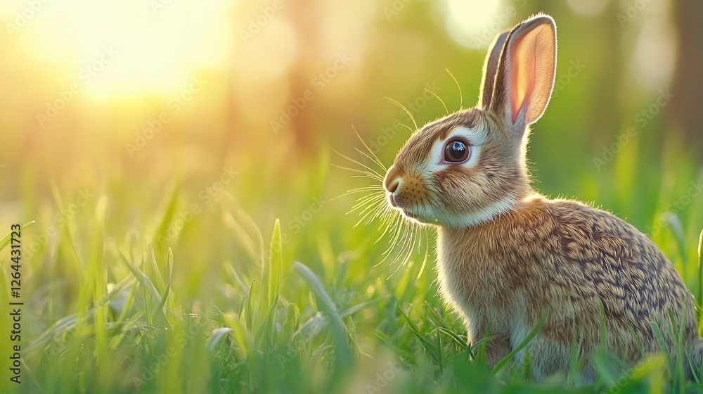 Fototapeta premium Rabbit in grassy field, sunset. Spring wildlife image