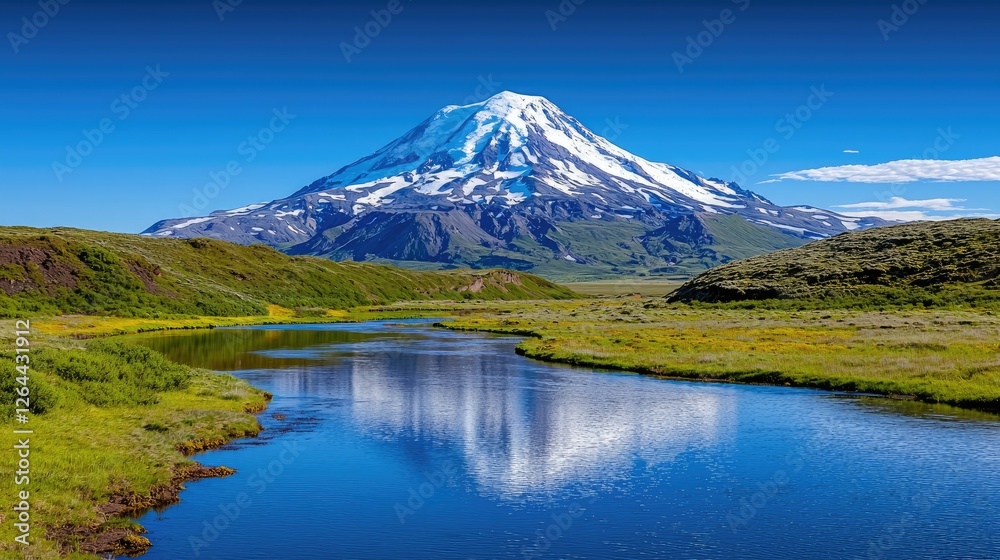Majestic snow-capped volcano reflected in calm river, green landscape Majestic snow-capped volcano reflected in calm river, green landscape