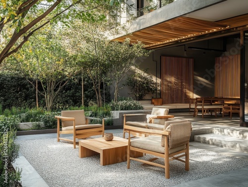 Elegant outdoor lounge features wooden furniture and lush greenery