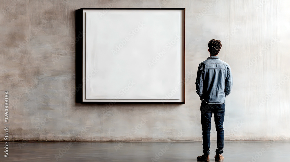 Exploring art and history on international museum day with modern art showcase. Man in a museum standing in front of a painting. Back view Exploring art and history on international museum day with modern art showcase. Man in a museum standing in front of a painting. Back view