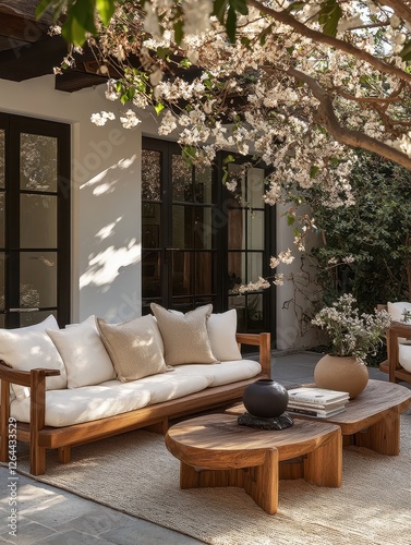 Elegant outdoor seating area featuring wooden furniture and floral tree