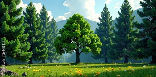 Tall pine trees forming a semi-circle around a central tree, landscape, evergreen, natural photo