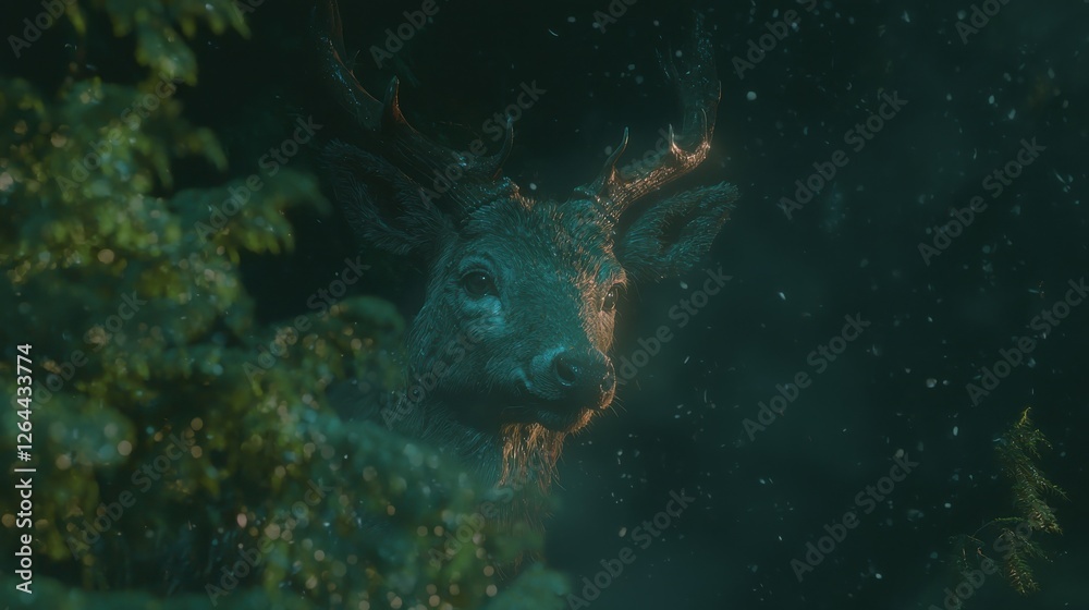 Deer encounter in enchanted forest wildlife mystical atmosphere close-up view Deer encounter in enchanted forest wildlife mystical atmosphere close-up view