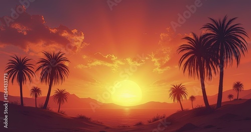Desert Sunset with Silhouetted Palm Trees and Warm Sky