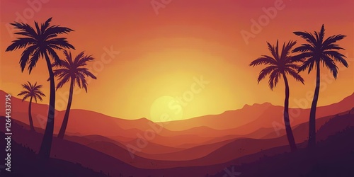 Sunset Over Mountain Landscape with Palm Trees