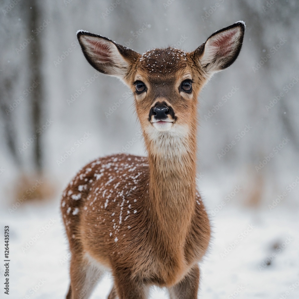 Obraz premium A baby deer with big, innocent eyes standing shyly on a pure white surface.