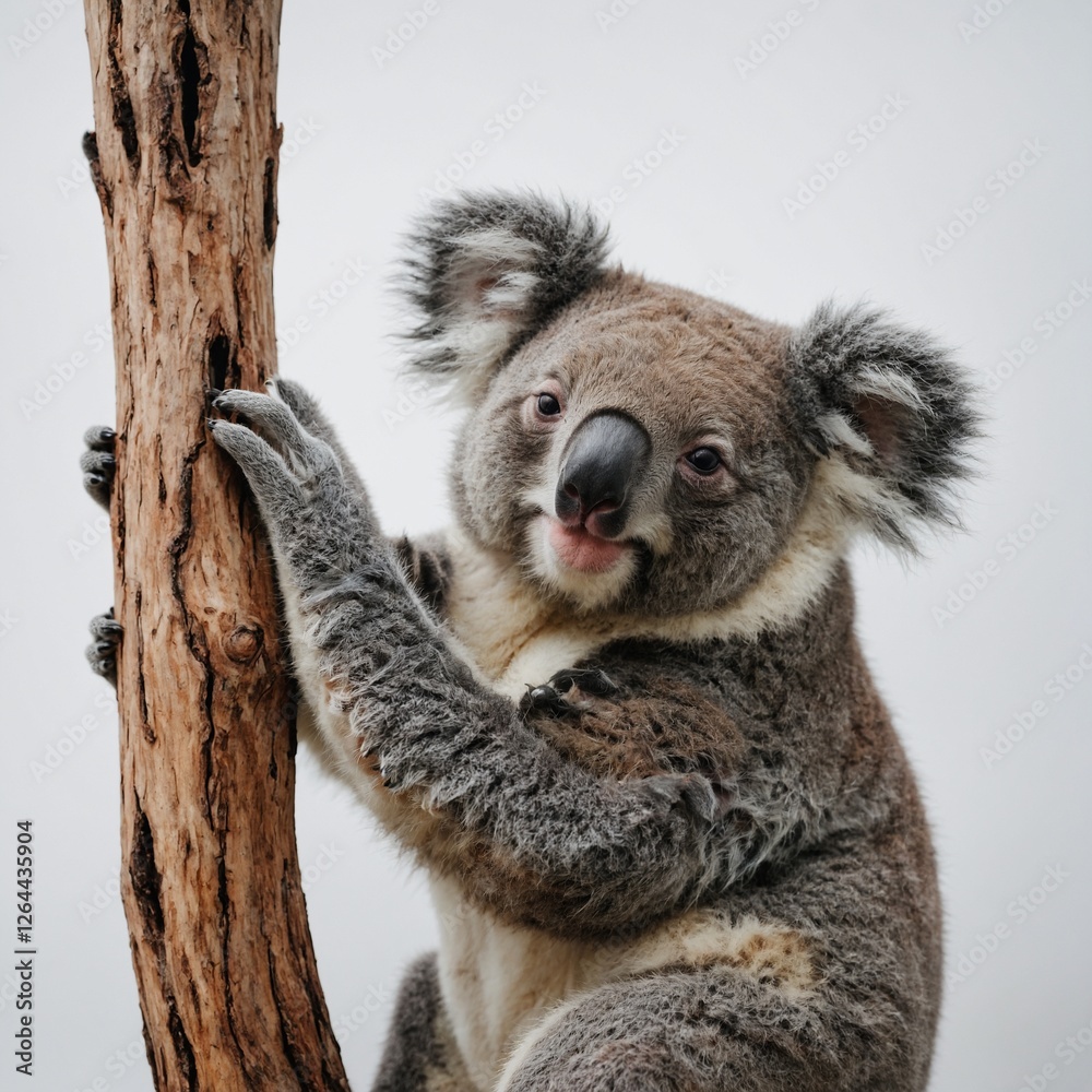 Naklejka premium A sleepy koala hugging an invisible tree trunk, resting peacefully on a white backdrop