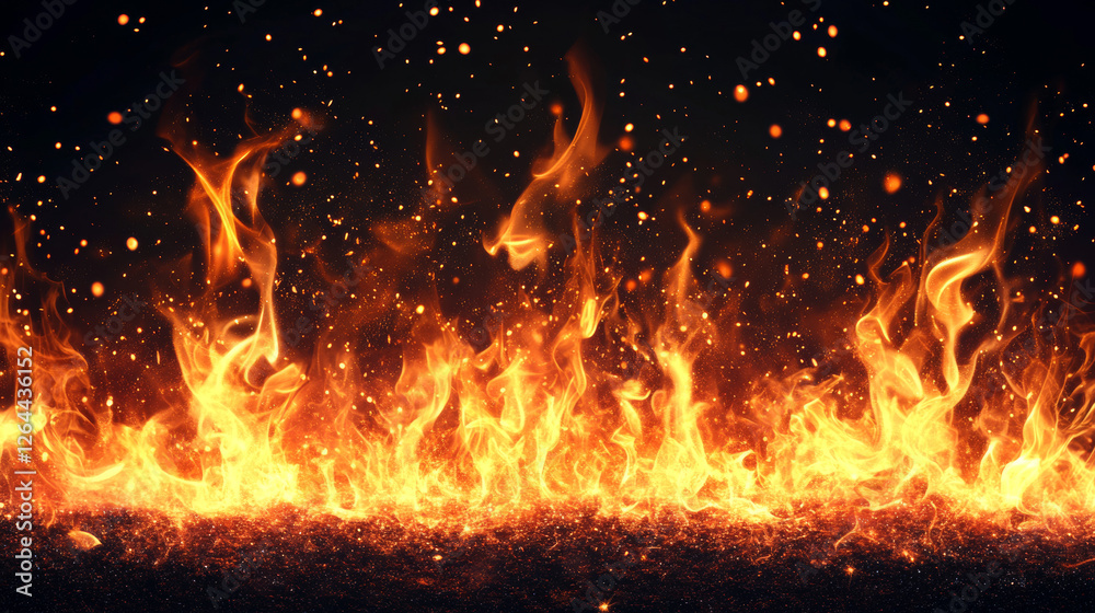 Red fire sparks overlay effect, burning campfire flame with ember particles flying in air at night. Abstract magic glow, energy blaze and shine on black background. Realistic 3d vector illustration Red fire sparks overlay effect, burning campfire flame with ember particles flying in air at night. Abstract magic glow, energy blaze and shine on black background. Realistic 3d vector illustration