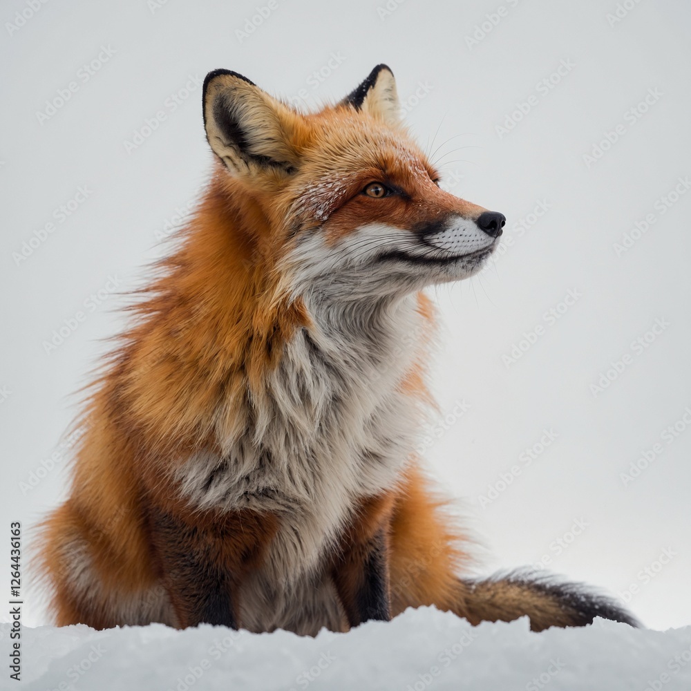 Obraz premium A delicate red fox standing with its fluffy tail curled elegantly against a white backdrop.