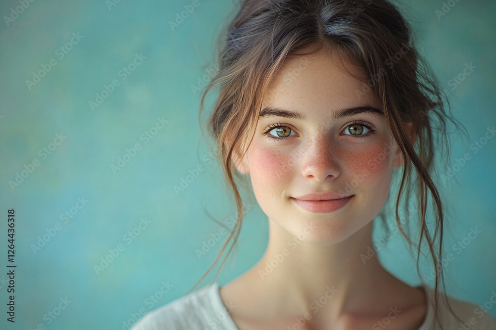 A Teenage Girl With Freckles Smiles Softly A Teenage Girl With Freckles Smiles Softly