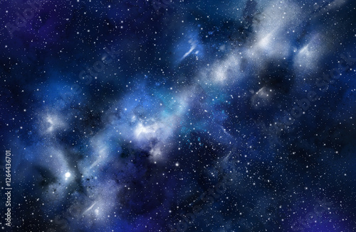 Galaxy in the blue clouds floating above the black background atmosphere