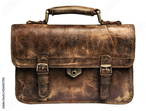 Vintage brown leather briefcase with aged texture and metal clasps, isolated on transparent cutout background