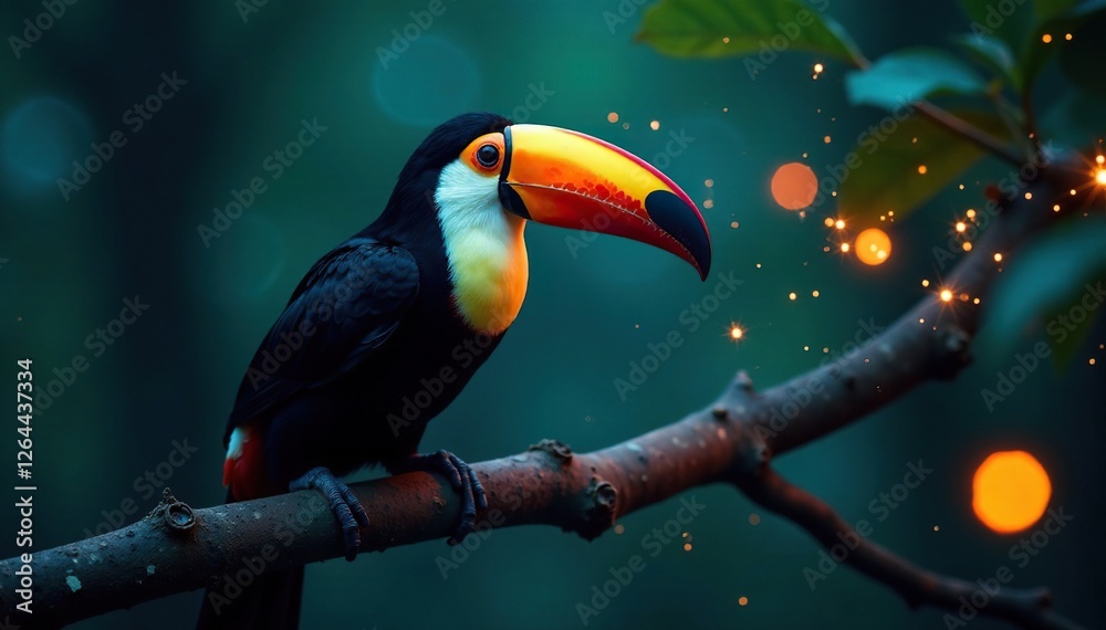 Obraz premium Toucan perches on a branch illuminated by fireflies, night, entomology