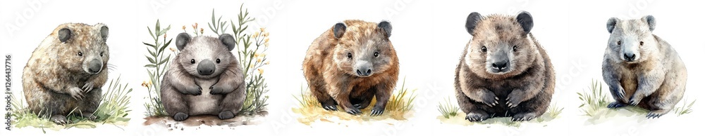 Fototapeta premium A collection of cute wombats in various playful poses amidst greenery. Watercolor illustration,