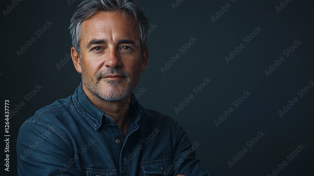 Obraz premium Mature Man Portrait Wearing Denim Shirt Against Dark Background