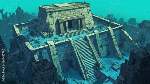 Cartoon set of ancient underwater city ruins on white background. Vector illustration of damaged building, antique tomb, treasure cave, mysterious inscriptions on stones. Adventure game elements photo