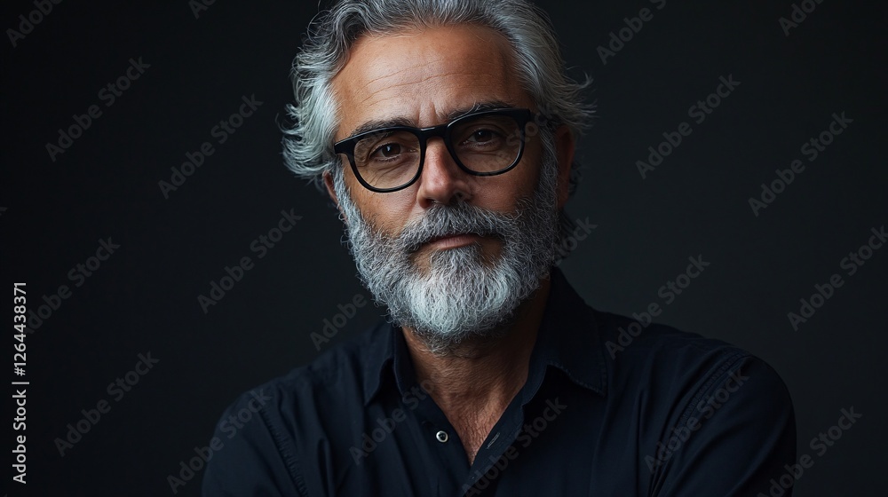 Obraz premium Mature Man with Gray Hair and Beard Wearing Glasses