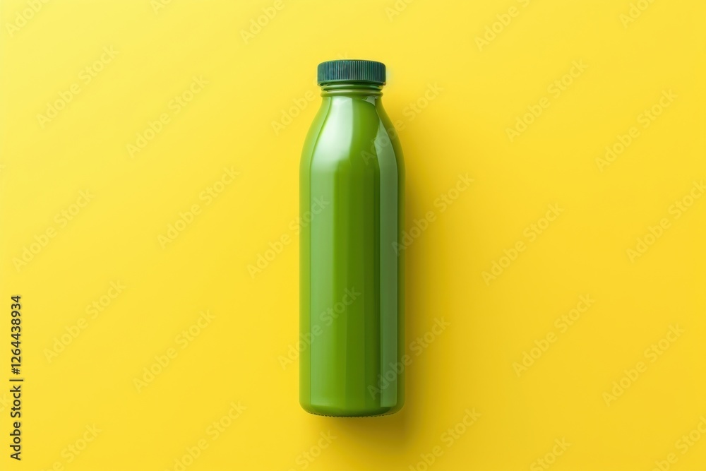 Bottle of green cold pressed juice yellow refreshment container. Bottle of green cold pressed juice yellow refreshment container.
