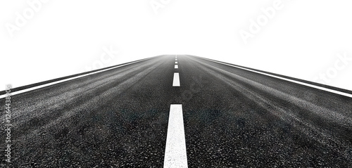 Straight asphalt road with white markings, isolated on transparent cutout background