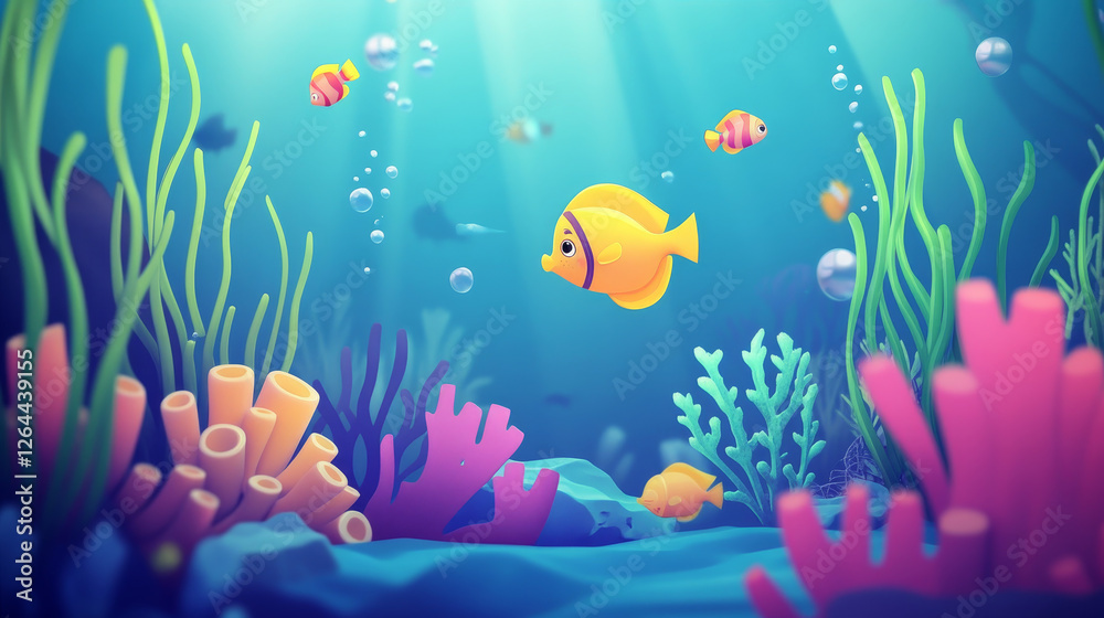 Fototapeta premium Sea life cartoon banner with cute tropical fishes at coral reef underwater background for game or book cover. Marine ocean animals, undersea wildlife with seaweeds grow at rocks, Vector illustration