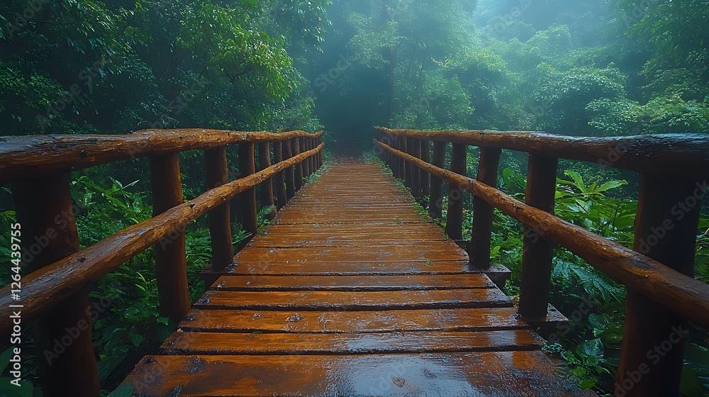 Obraz premium Mystical Pathway, Foggy Bridge Crossing a Lush, Verdant Forest Landscape