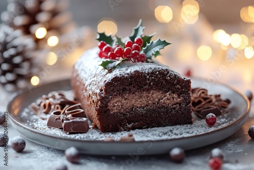 Wallpaper Mural Chocolate christmas yule log cake with holly berries and icing sugar on festive table Torontodigital.ca
