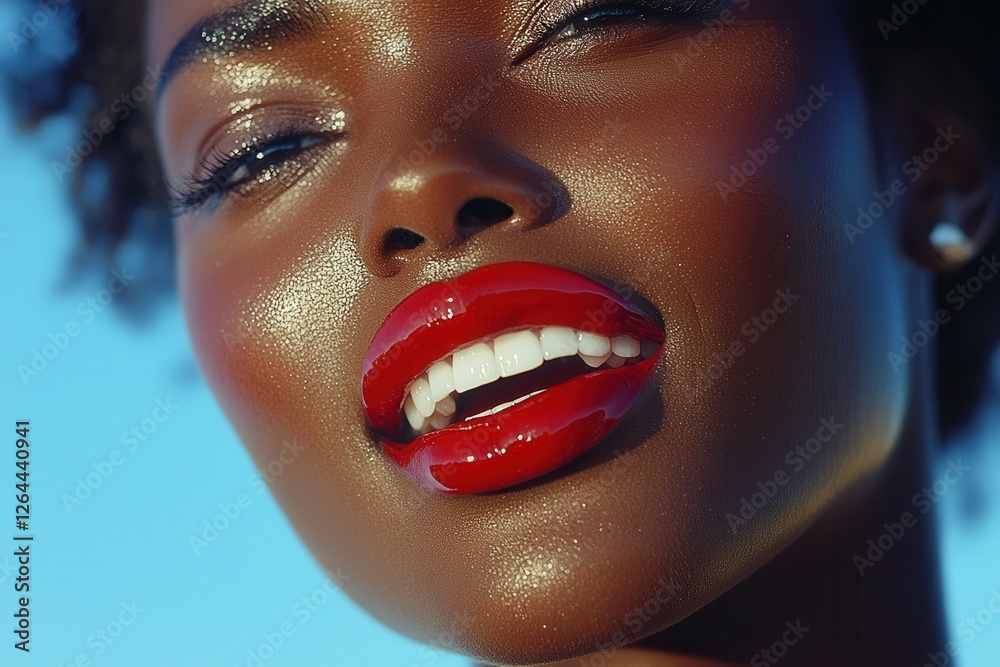 Obraz premium Close-up of a woman with vibrant red lipstick and glowing skin
