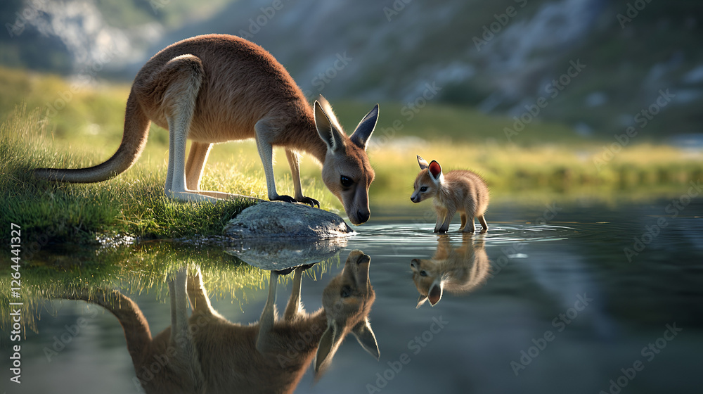 Kangaroo and Joey Drinking Water in Lush Valley – Wildlife Illustration Kangaroo and Joey Drinking Water in Lush Valley – Wildlife Illustration