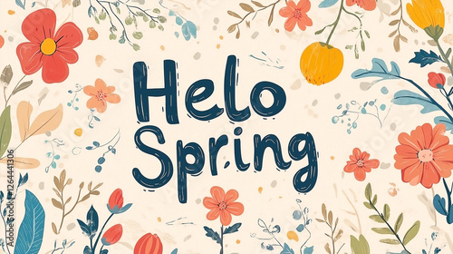 A cheerful cartoon style spring illustration featuring flowers and the text 'Hello Spring'