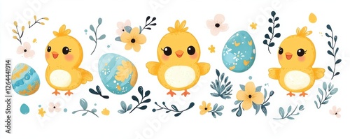 Cute Easter-themed illustration with yellow chicks, decorated eggs, and floral accents