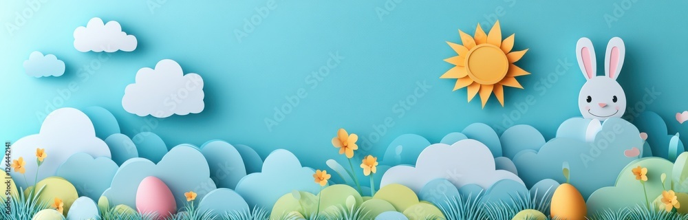 Colorful Easter scene with bunny, eggs, and flowers using paper craft style Colorful Easter scene with bunny, eggs, and flowers using paper craft style